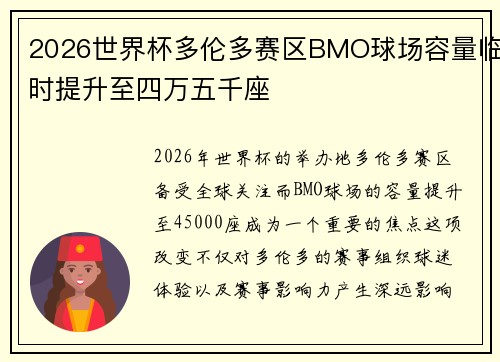 2026世界杯多伦多赛区BMO球场容量临时提升至四万五千座