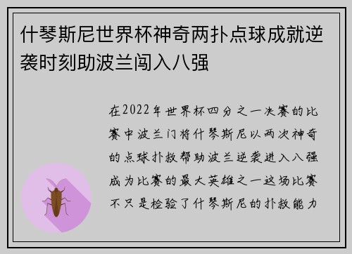 什琴斯尼世界杯神奇两扑点球成就逆袭时刻助波兰闯入八强