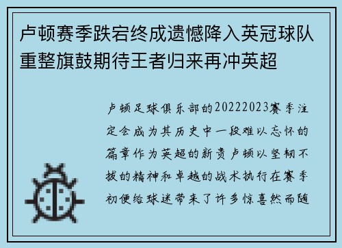 卢顿赛季跌宕终成遗憾降入英冠球队重整旗鼓期待王者归来再冲英超 卢顿赛季跌宕终成遗憾降入英冠球队重整旗鼓期待王者归来再冲英超